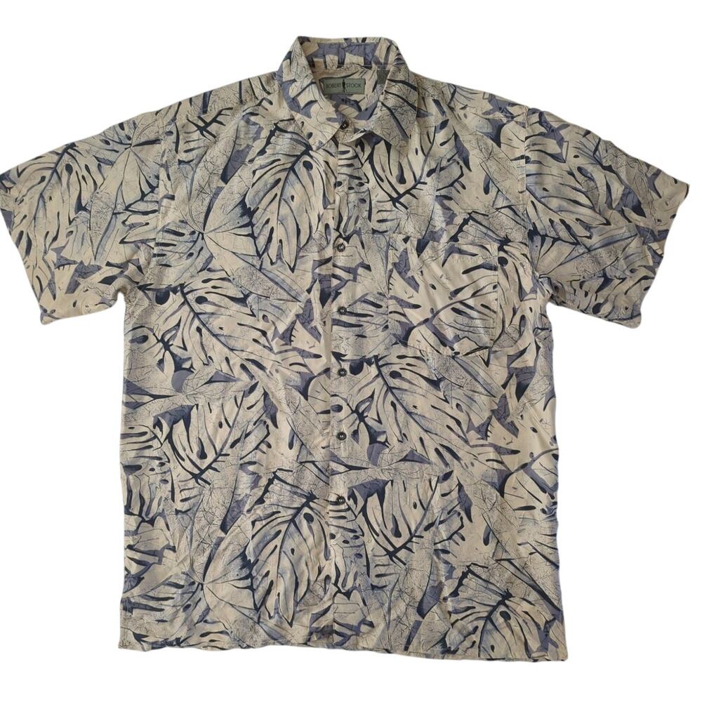 100% Silk Robert Stock Tan Blue Leaf Print Hawaiian Shirt Button Up Mens Size L